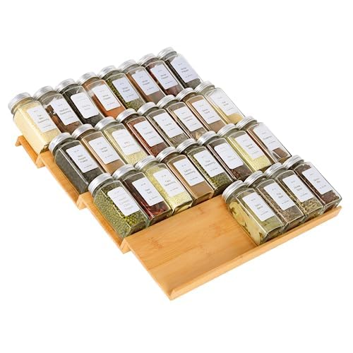 Spice Drawer Organizer with 28 Spice Jars and 216 Labels,Non-slip Rubber, Bamboo 4 Tier Spice Racks Tray Seasoning Containers for Kitchen Drawers,Cabinets,Countertops,13" Wide * 15.8" Deep