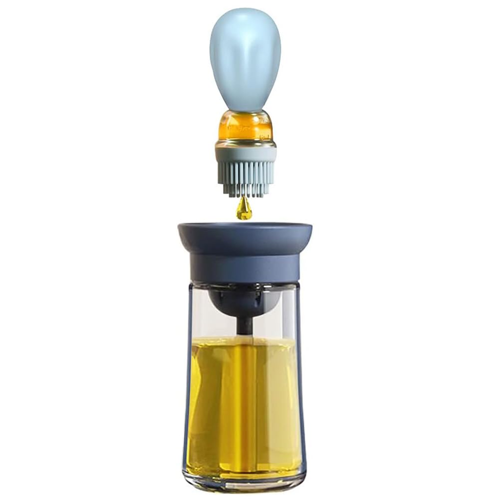 Oil Dispenser with Brush - Glass Olive Oil Dispenser for Kitchen, 2 IN 1 Oil Dispenser Bottle with Silicone Basting Brush for Cooking Vinegar Sauce BBQ Grill Frying, T-OB21, Grey