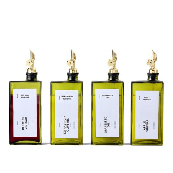 Olive Oil Dispenser Bottle for Kitchen, 16.9oz /500ml Cooking Vinegar Dispenser Bottle Set, Glass Sauce Container, Labels, Brush, Funnel, Stoppers, Green for Oil, Wine