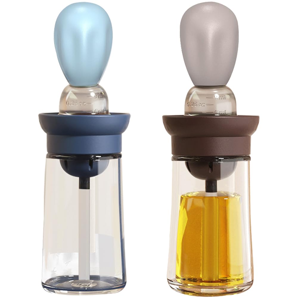 Oil Dispenser with Brush - Glass Olive Oil Dispenser for Kitchen, 2 IN 1 Oil Dispenser Bottle with Silicone Basting Brush for Cooking Vinegar Sauce BBQ Grill Frying, T-OB21, Grey