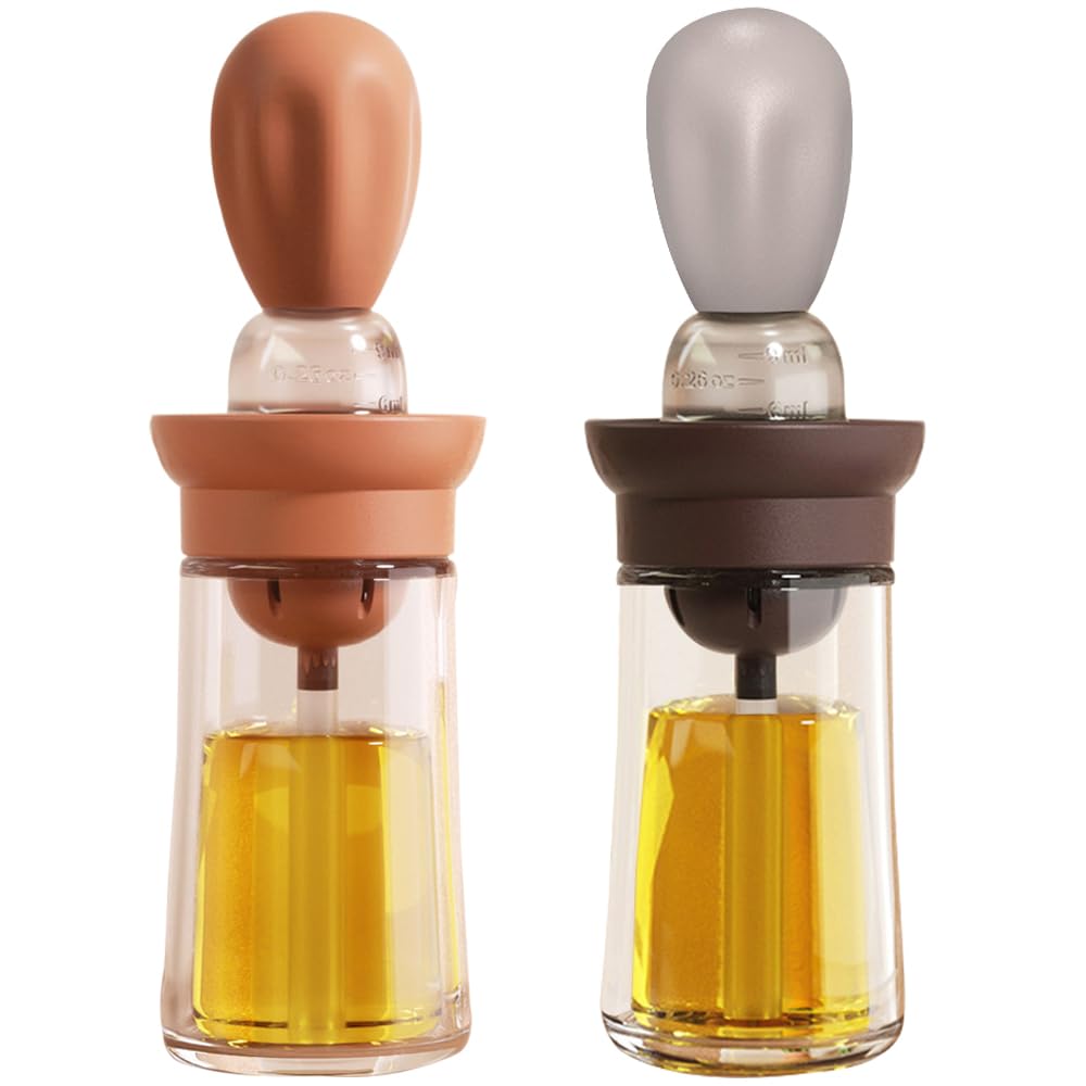 Oil Dispenser with Brush - Glass Olive Oil Dispenser for Kitchen, 2 IN 1 Oil Dispenser Bottle with Silicone Basting Brush for Cooking Vinegar Sauce BBQ Grill Frying, T-OB21, Grey