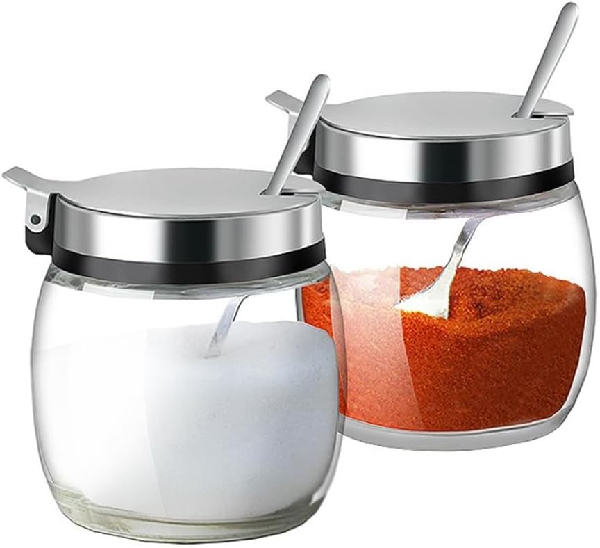 Hewnda 2Pcs Sugar Salt Container Set,8 oz glass jar with lid and spoon