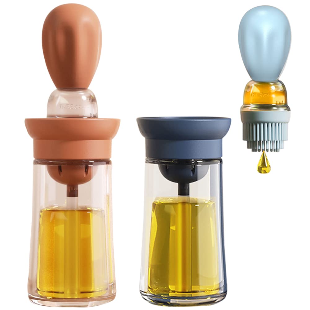 Oil Dispenser with Brush - Glass Olive Oil Dispenser for Kitchen, 2 IN 1 Oil Dispenser Bottle with Silicone Basting Brush for Cooking Vinegar Sauce BBQ Grill Frying, T-OB21, Grey