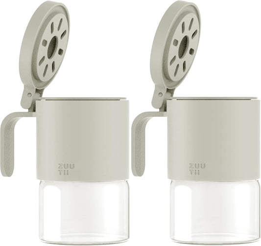 Zuutii Glass Spice Jars,Spice Containers with Spoons, Set of 2 10oz/300ml Spice Bottles, Mini Seasoning Storage Jars with Flapper Caps for Salt, Sugar, Peppers, Chili in Kitchen