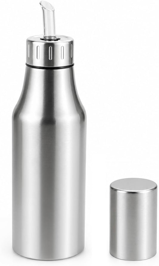 QWORK Olive Oil Dispenser Bottle, 304 Stainless Steel Leak Proof Oil Container with Dust Cap – Light-Blocking Metal Cruet for Kitchen, Salad & BBQ – 500ml/750ml/1000ml Capacity