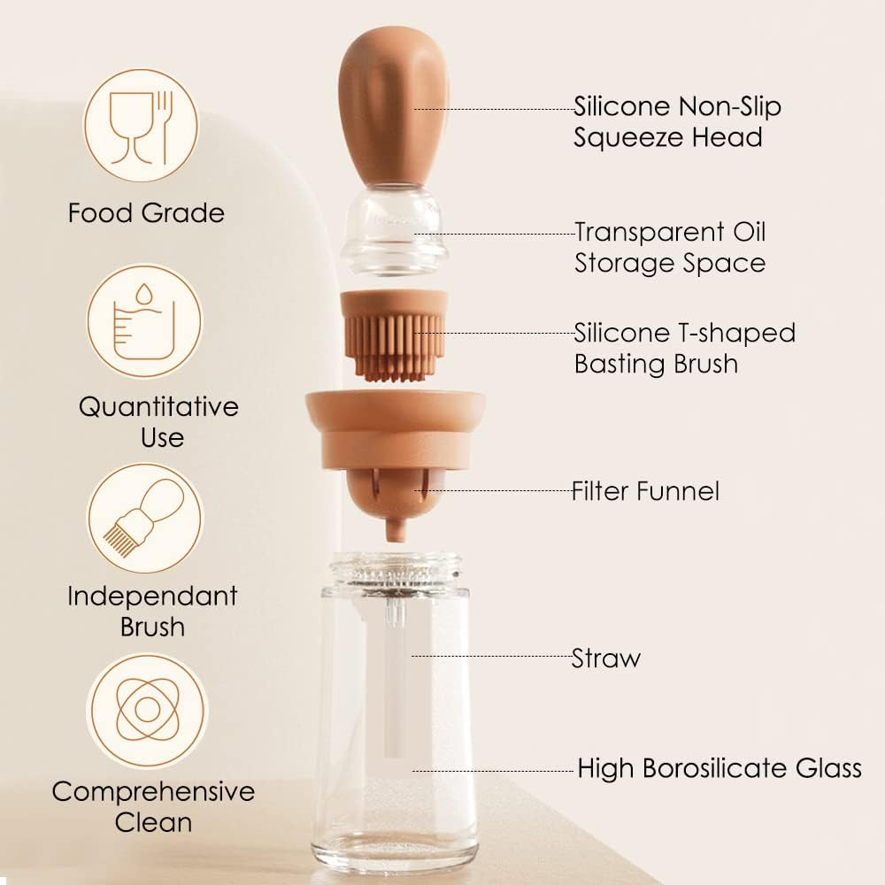 Oil Dispenser with Brush - Glass Olive Oil Dispenser for Kitchen, 2 IN 1 Oil Dispenser Bottle with Silicone Basting Brush for Cooking Vinegar Sauce BBQ Grill Frying, T-OB21, Grey