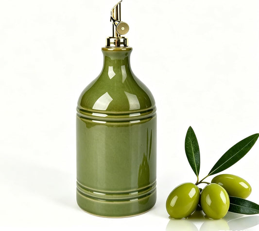 23.6Oz Green Ceramic Olive Oil Dispenser Bottle with Gold Gravity Spout