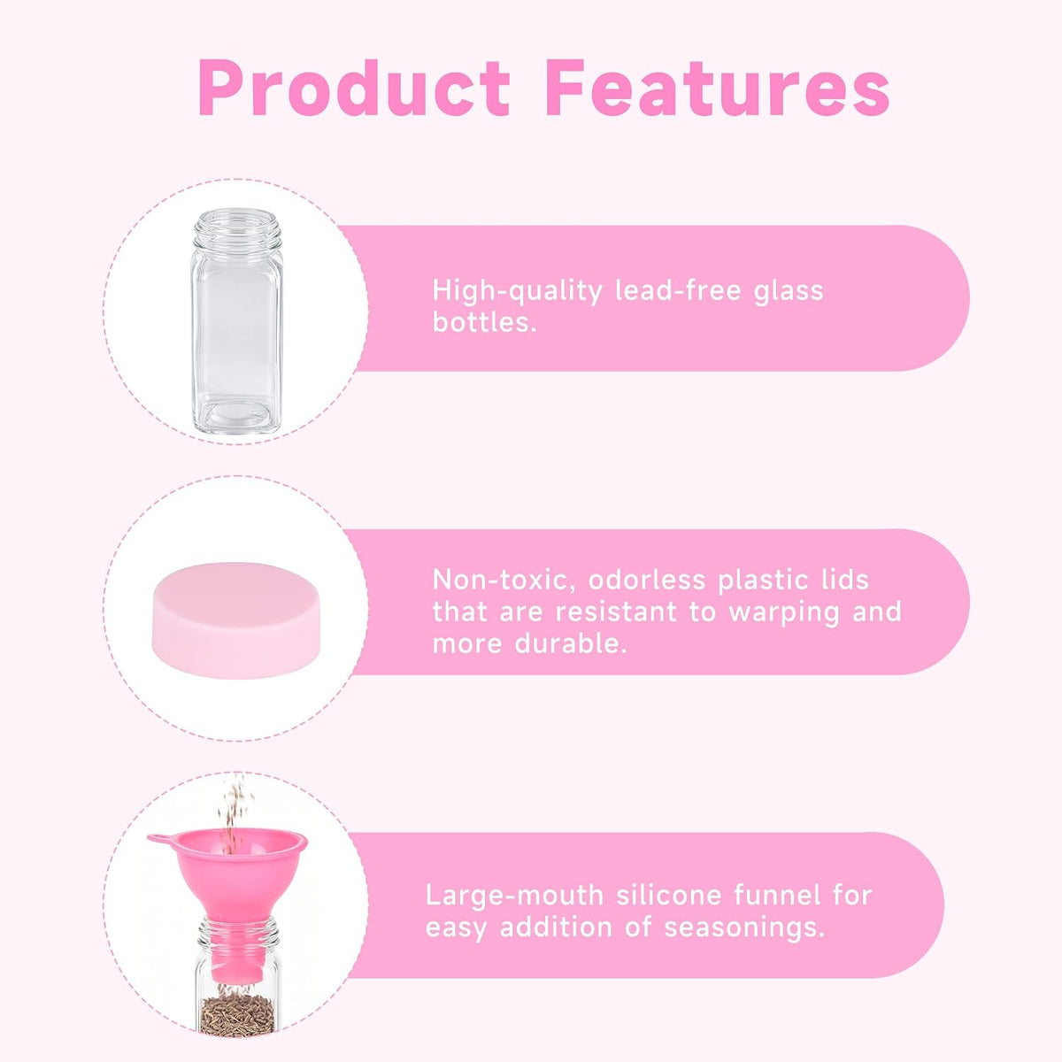 6 Pack Glass Spice Jars with Label, 4oz Pink Airtight Seasoning Containers