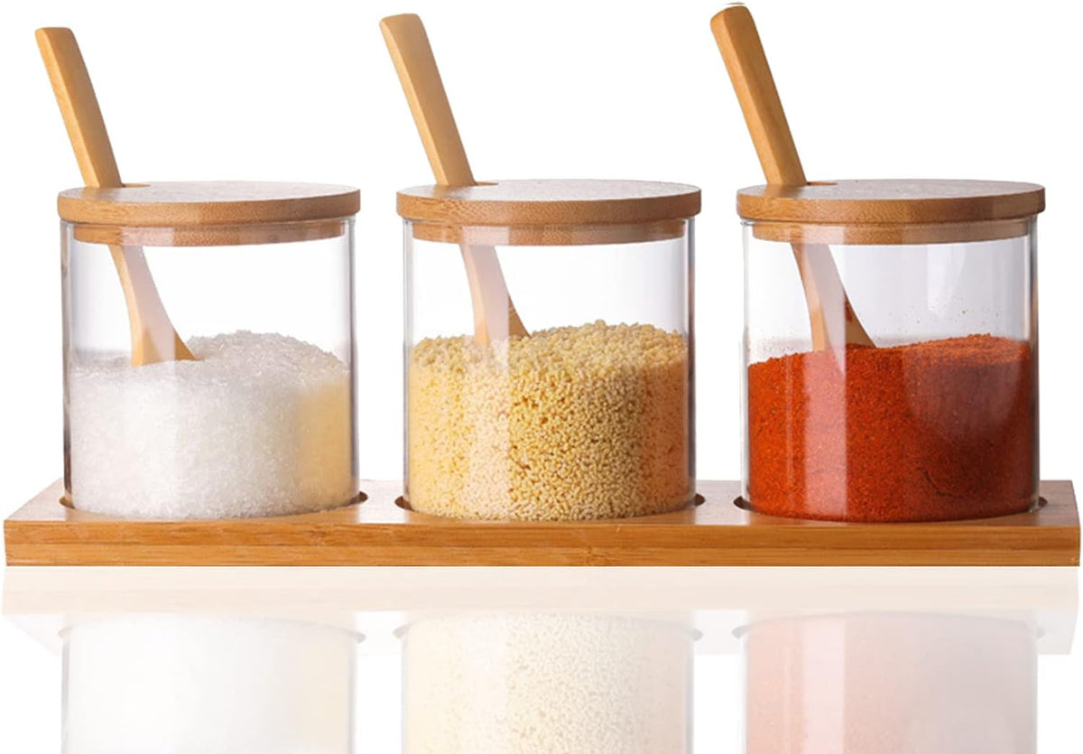 Lawei Set of 3 Condiment Jar with Lids and Spoons - Glass Sugar Bowls Sugar Salt Container Set for Sugar Serving Spice Salt