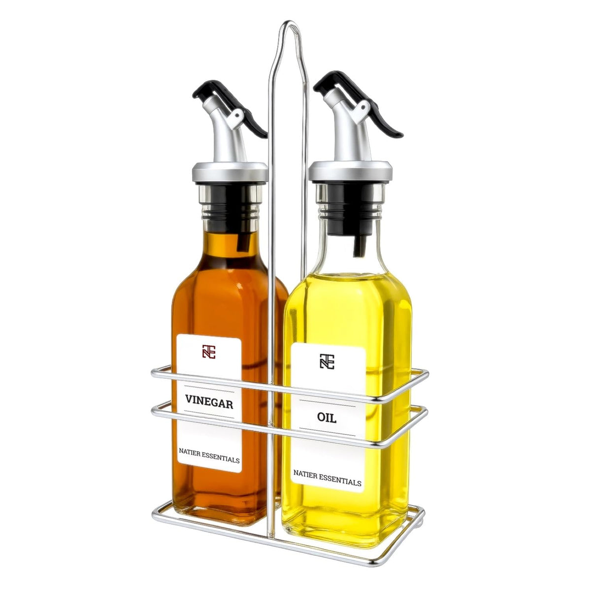 6 Oz Oil and Vinegar Bottle Cruet Set with Wire Caddy – 2 Pack Glass Dispenser Bottles (Stainless Steel Spout)