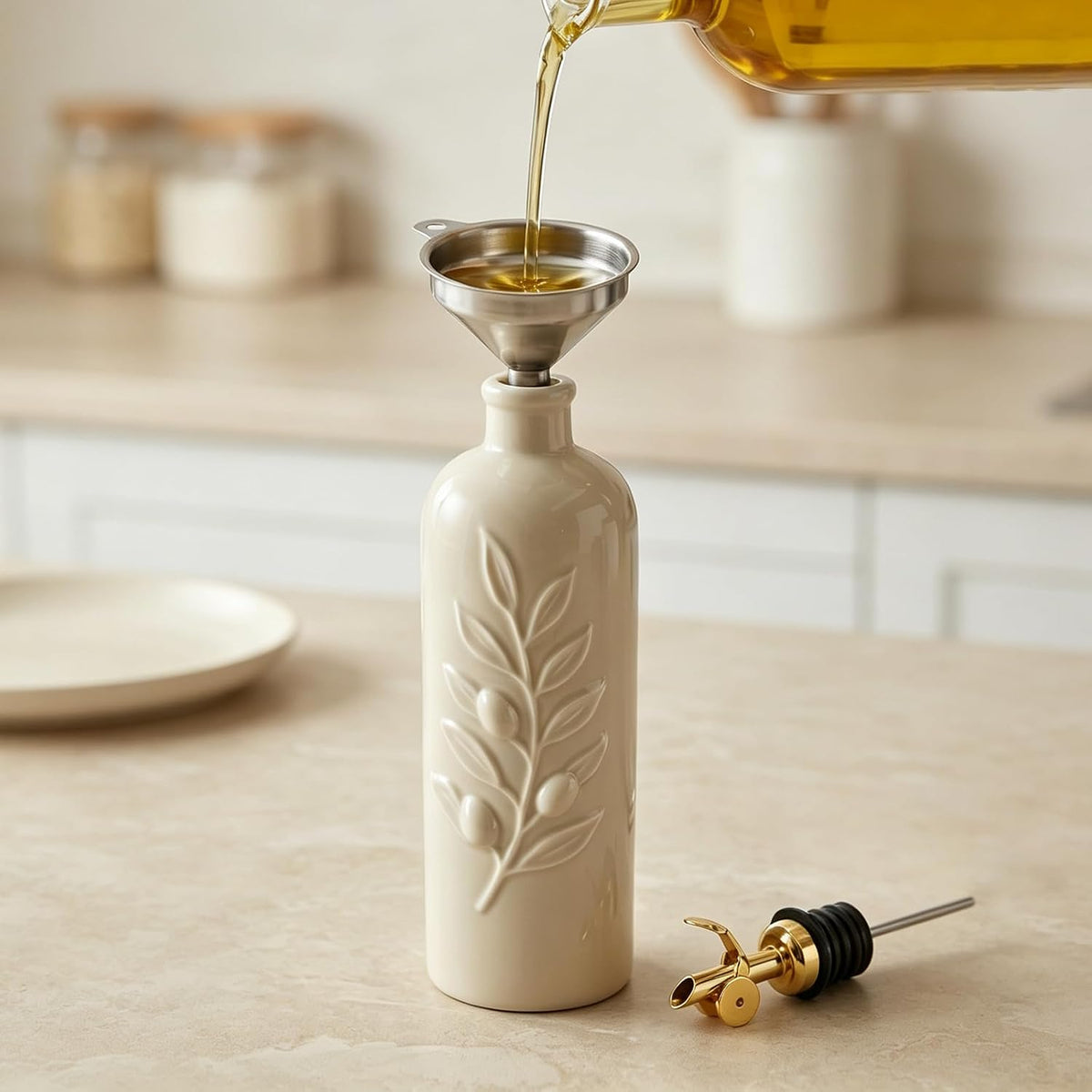 20 Oz Ceramic Olive Oil Dispenser Bottle with Spout & Funnel