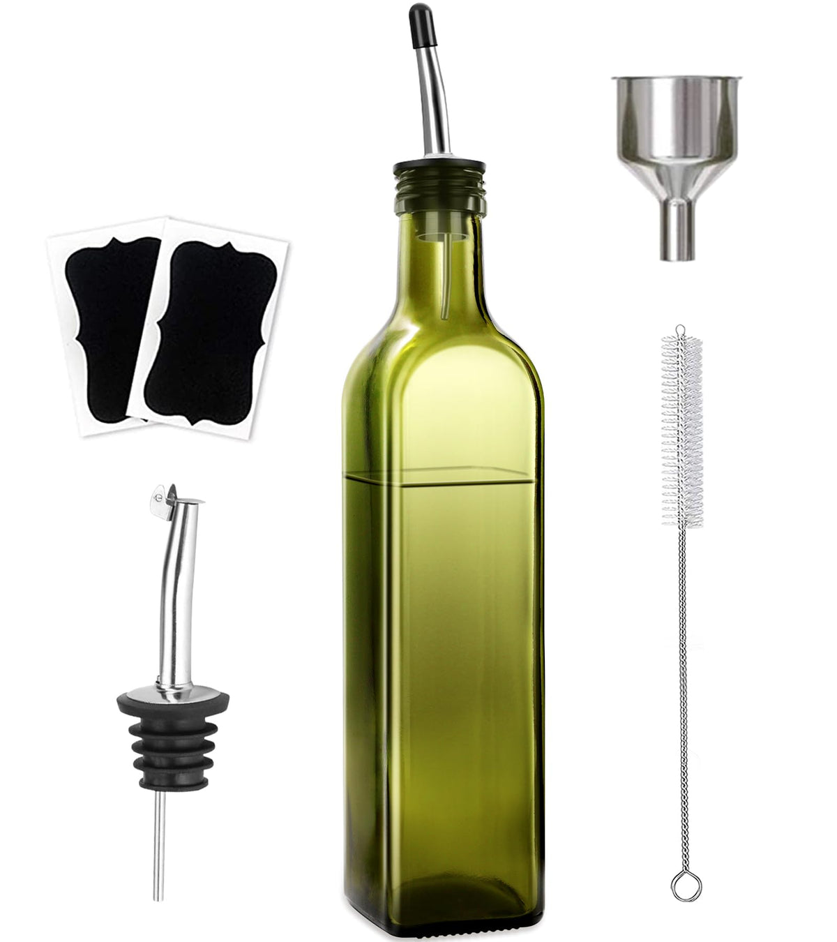 Leaflai Olive Oil Dispenser Bottle, 2 Pcs Glass Olive Oil Dispenser and Vinegar Dispenser Set with 2 Stainless Steel Pourers, 4 Labels,1 Brush and 1 Funnel Oil Bottles for Kitchen (500ml)