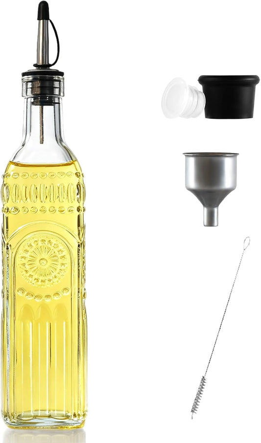 1-Pack Glass Oil Dispenser 500ML/17OZ, Vinegar Bottle with Stainless Steel Pourer, Brush, Funnel, Seal Cap (Sunflower)