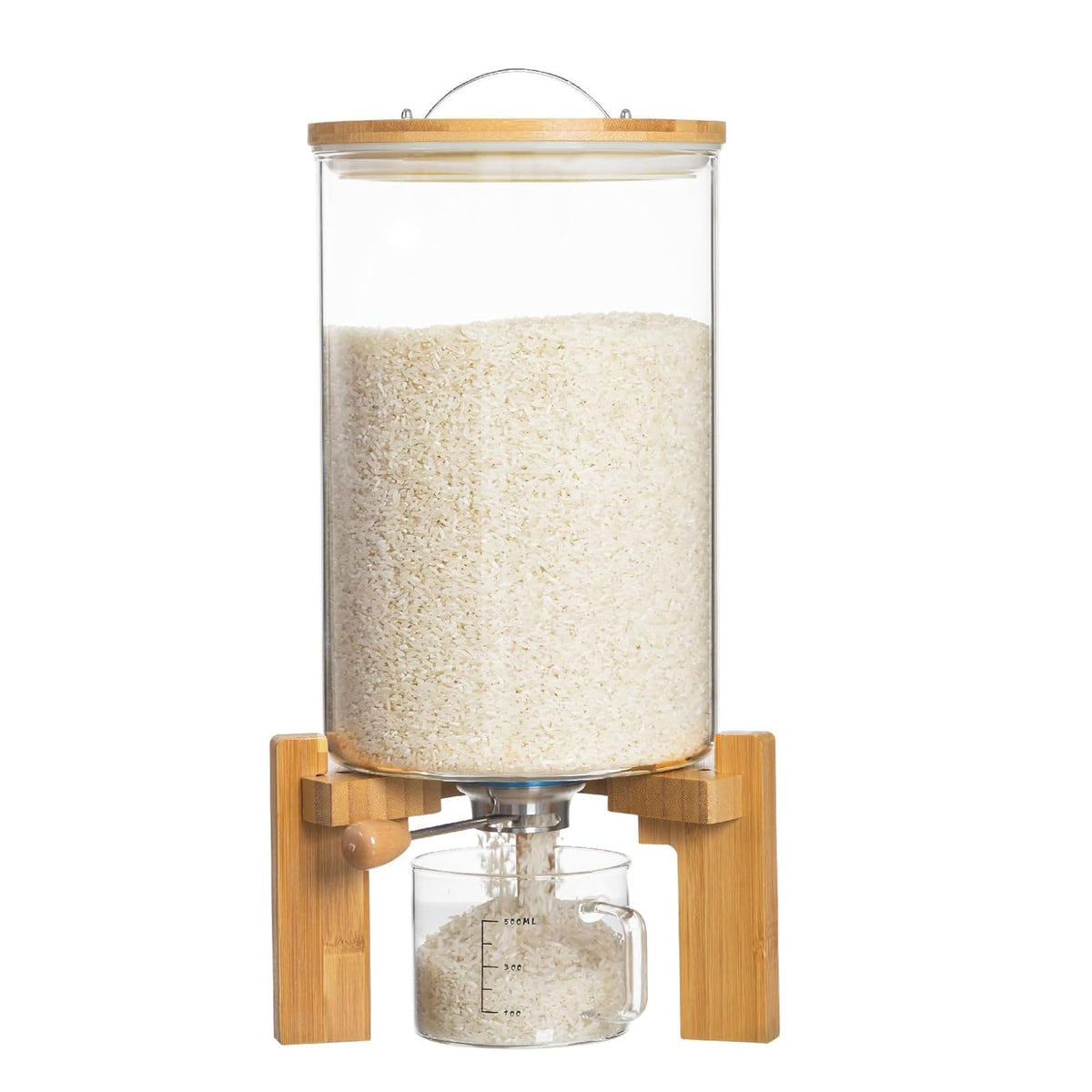 Rice Dispenser, Rice Storage Container, Flour and Cereal Container for Kitchen Organization and Pantry Store, Glass Cereal dispenser with Airtight Lid and Wooden Stand 8L
