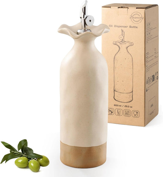 Besmeety 20 oz Olive Oil Dispenser Bottle with Gravity Spout, Ceramic Oil Bottles for Kitchen, Soy Sauce Dispenser, Leakproof, Opaque Cruet Protects to Reduce Oxidation (Cheese Color)