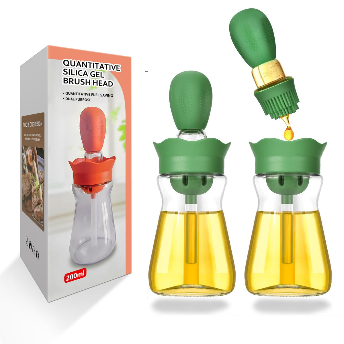 Oil Dispenser Bottle with Silicone Brush, 200ML 2 in 1 Silicone Dropper Measuring Oil Dispenser Bottle for Kitchen Cooking, Frying, Baking, BBQ Pancake, Air Fryer, Marinating - Cream White