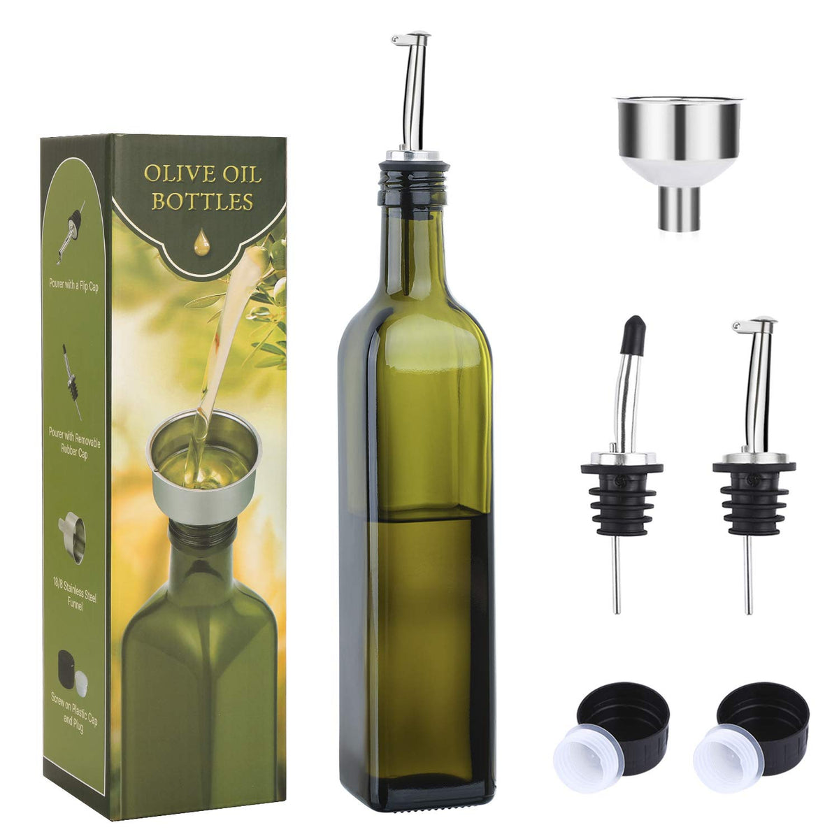 AOZITA 17oz Glass Olive Oil Dispenser - Oil and Vinegar Cruet Bottle with Stainless Steel Pourers - Funnel For Easy Refill - Olive Carafe Decanter for Kitchen