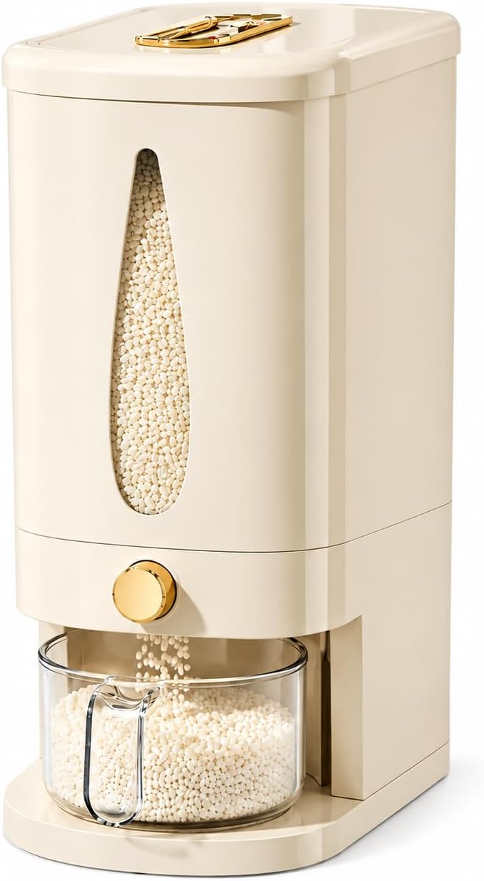 22lbs Rice Dispenser, Airtight Grain Storage Container with One-Touch