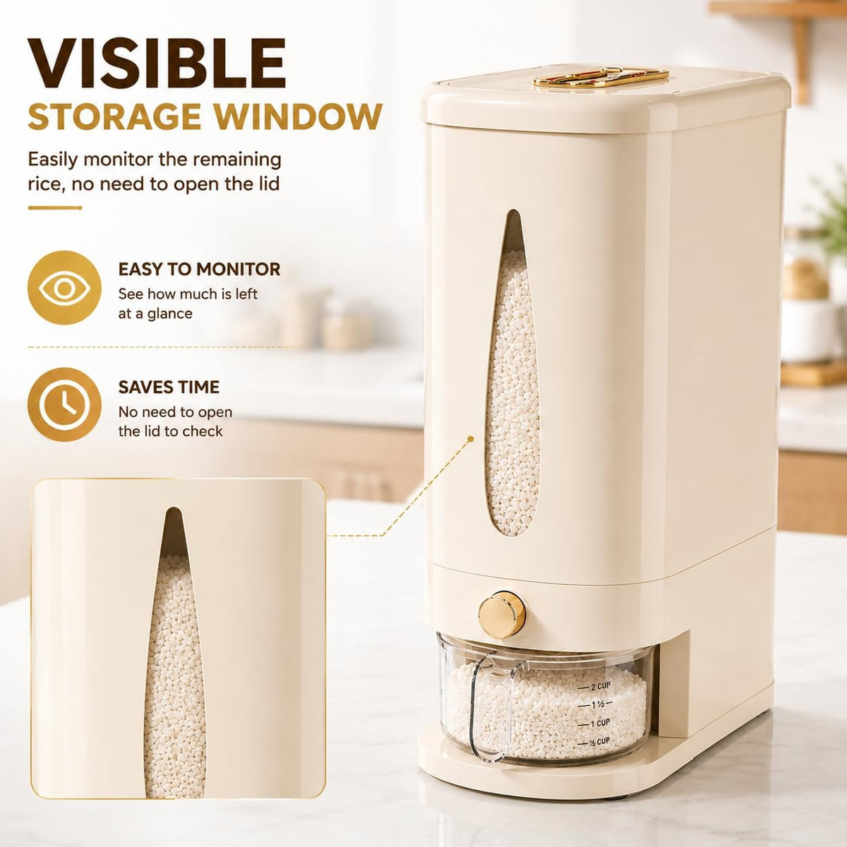 22lbs Rice Dispenser, Airtight Grain Storage Container with One-Touch