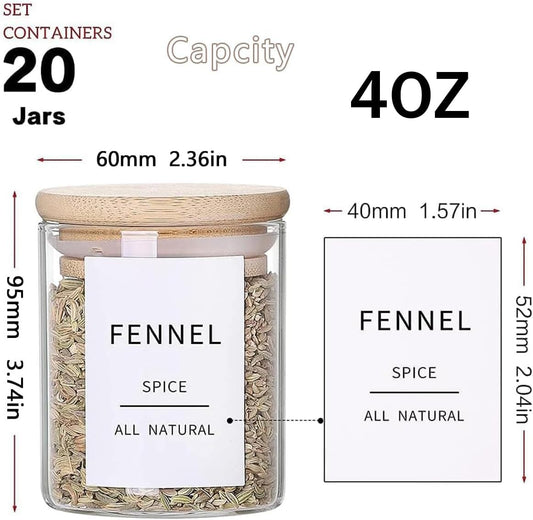 Glass Spice Jars with Bamboo Lids - 20 Pcs Thicken(2.4mm) 4oz Airtight Seasoning Containers with 131 Waterproof Minimalist Spice labels Preprinted - Small herb Jars for Pantry Organization and Storage