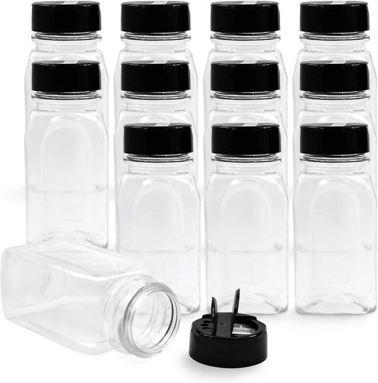 Plastic Spice Jars Bottle Containers with Black Cap, 9.5 Oz, 12 Pack