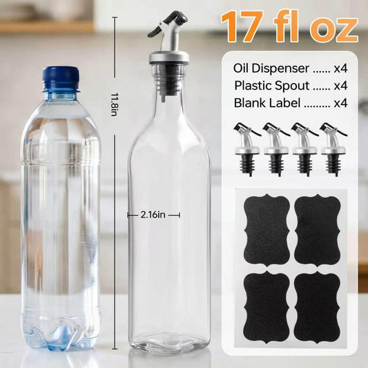 4 Pack 17 oz (500ml) Clear Glass Oil & Vinegar Dispenser Bottles, Leakproof Set with 4 Pour Spouts & 4 Labels, Kitchen Tools for Salad, BBQ, Air Fryer Cooking