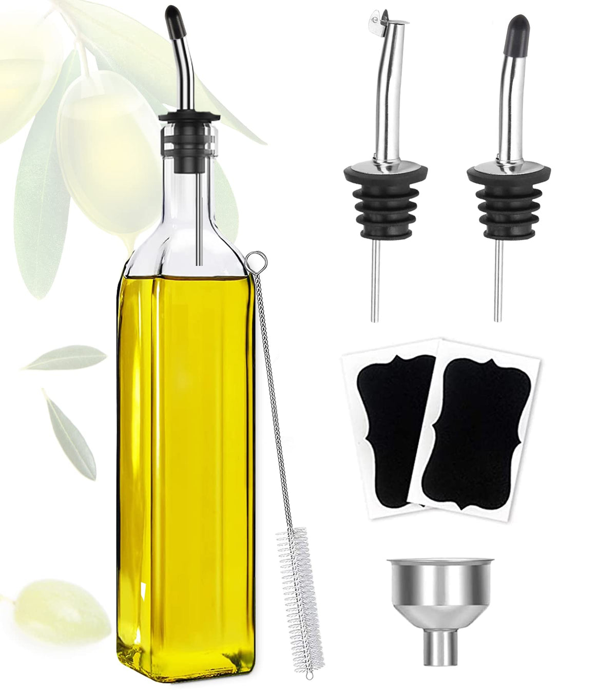 Showvigor Olive Oil Dispenser, 17oz/500ml Square Tall Glass Container With 2 Stainless Steel Pourers, 2 Labels, 1 Brush and 1 Funnel for Kitchen