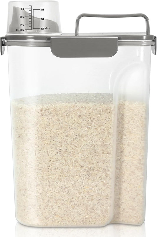 TBMax Airtight Rice Container 10 Lbs, Cereal Dispenser, Pet Cat Dog Food Storage Container, Plastic Kitchen Pantry Food Storage Holder with Cup -Dark Grey