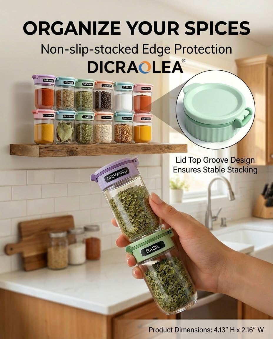 Newly Upgraded 24 Pcs Glass Spice Jars Set with Labels, 4oz Macaron Color Lids, Dual-Purpose Flip Cap, BPA-Free Empty Spice Containers for Kitchen Organization