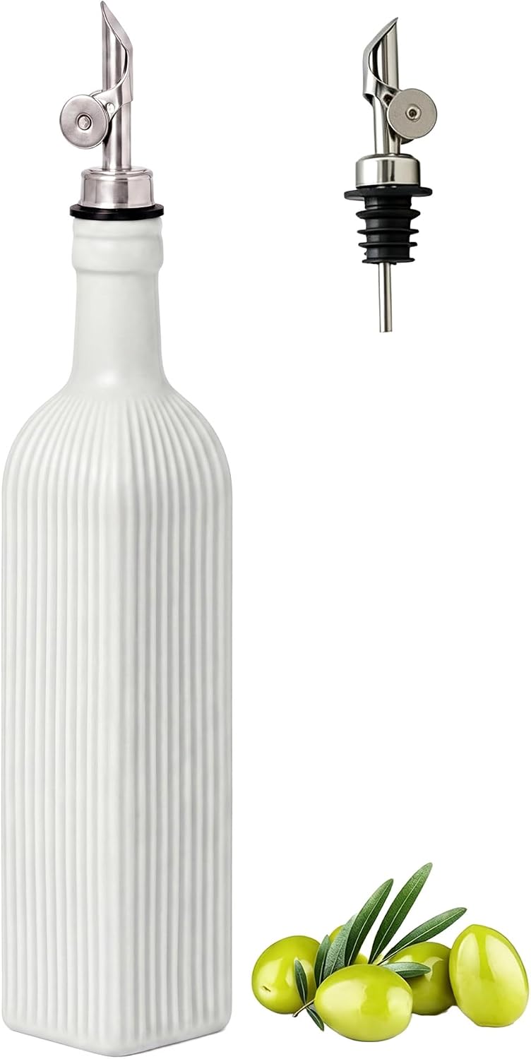 Ceramic Olive Oil Dispenser Bottle with Pourer for Kitchen, 18 oz, white