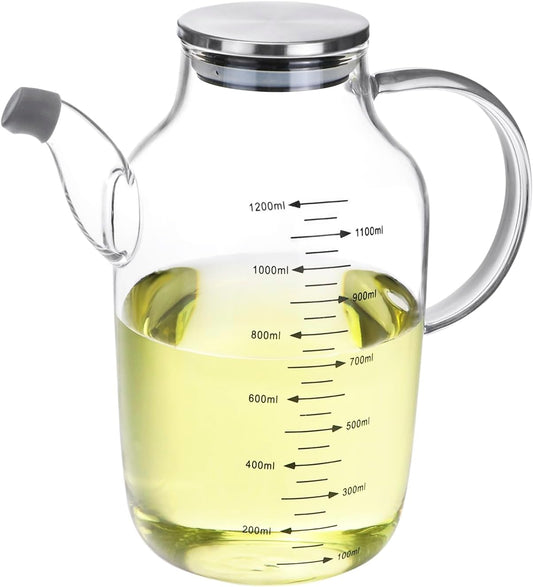 QWORK 1200ML/40Oz Large Glass Cooking Oil Bottle with Stainless Steel Lid, Oil & Vinegar Dispenser Bottle for Olive Oil, Vinegar, Soy Sauce, Kitchen No Drip Liquid Container