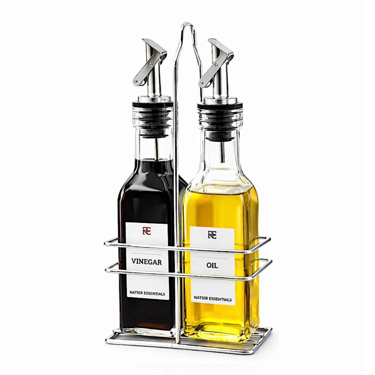 6 Oz Oil and Vinegar Bottle Cruet Set with Wire Caddy – 2 Pack Glass Dispenser Bottles (Stainless Steel Spout)