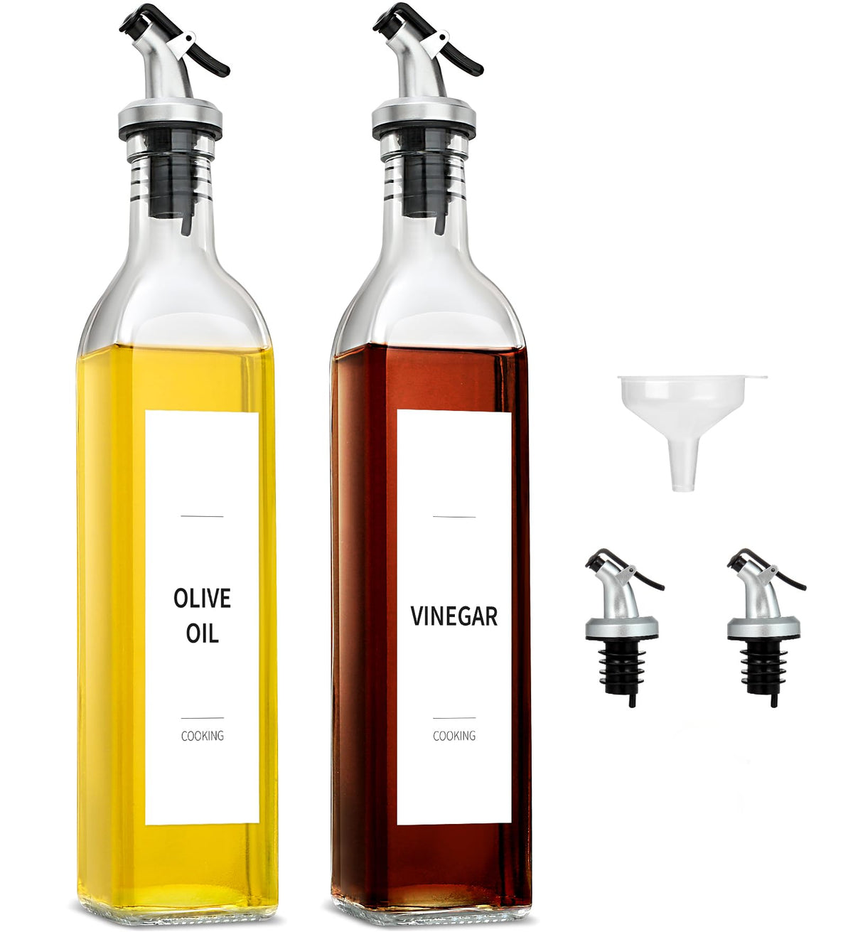 gmisun Olive Oil Dispenser Bottle for Kitchen, 4 Pack 17 Fl Oz Glass Oil Dispensers Bottles, Clear Cooking Vegetable Oil Dispenser Container Cruet Set with Plastic Pourer Spout, Funnel and Labels