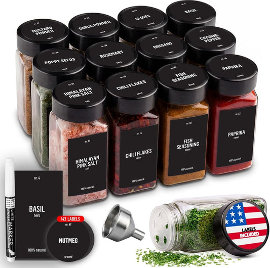 Deco haus Glass Spice Jars with Lids 12x4oz - Airtight Spice Containers