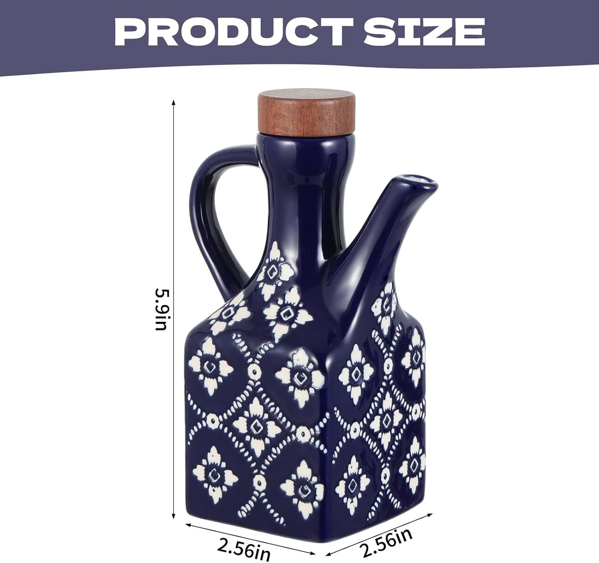 8.5 oz Ceramic Olive Oil Dispenser Bottle Decorative Olive Oil Dispenser Bottle with Handle & Wooden Stopper Relief Opaque Ceramic Oil Cruet for Kitchen Cooking Oil Vinegar (Blue)