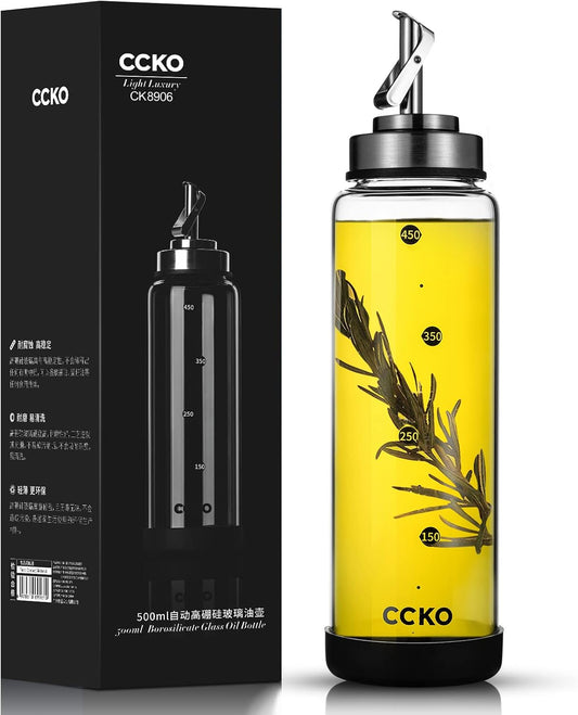 CCKO Glass Olive Oil Dispenser Bottle Shatterproof and Leakproof Oil Dispenser with Stainless Steel Spouts High Temperature Resistant 17oz Cooking Oil and Vinegar Cruet Dispenser Bottle
