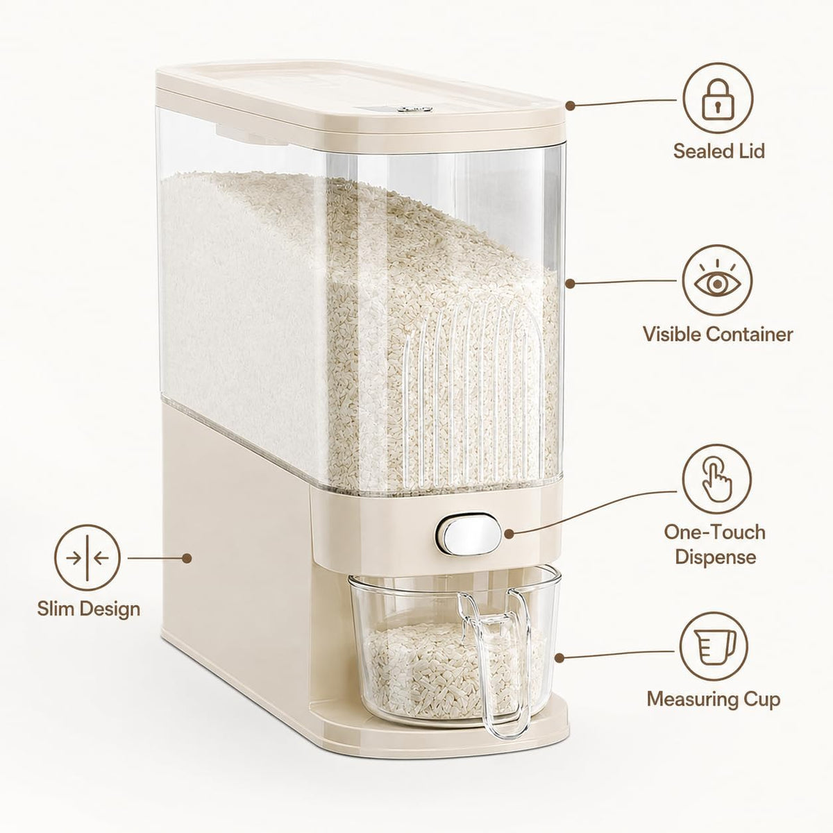 UFORU Rice Dispenser 12LB,Clear Rice Storage Container with Measuring Cup