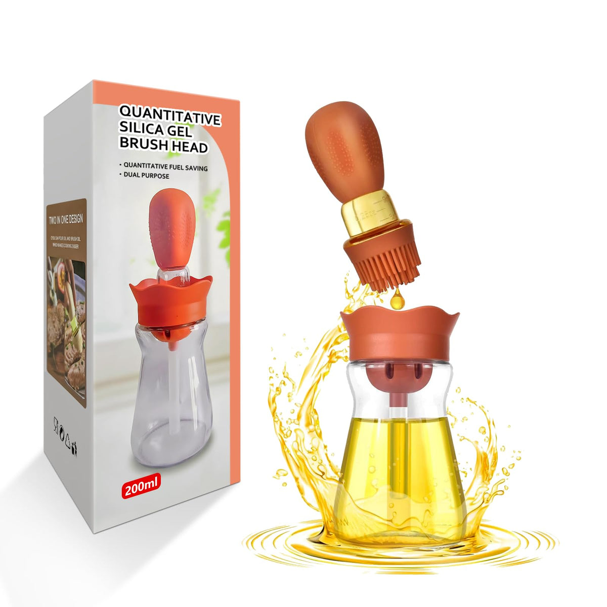 Oil Dispenser Bottle with Silicone Brush, 200ML 2 in 1 Silicone Dropper Measuring Oil Dispenser Bottle for Kitchen Cooking, Frying, Baking, BBQ Pancake, Air Fryer, Marinating - Cream White