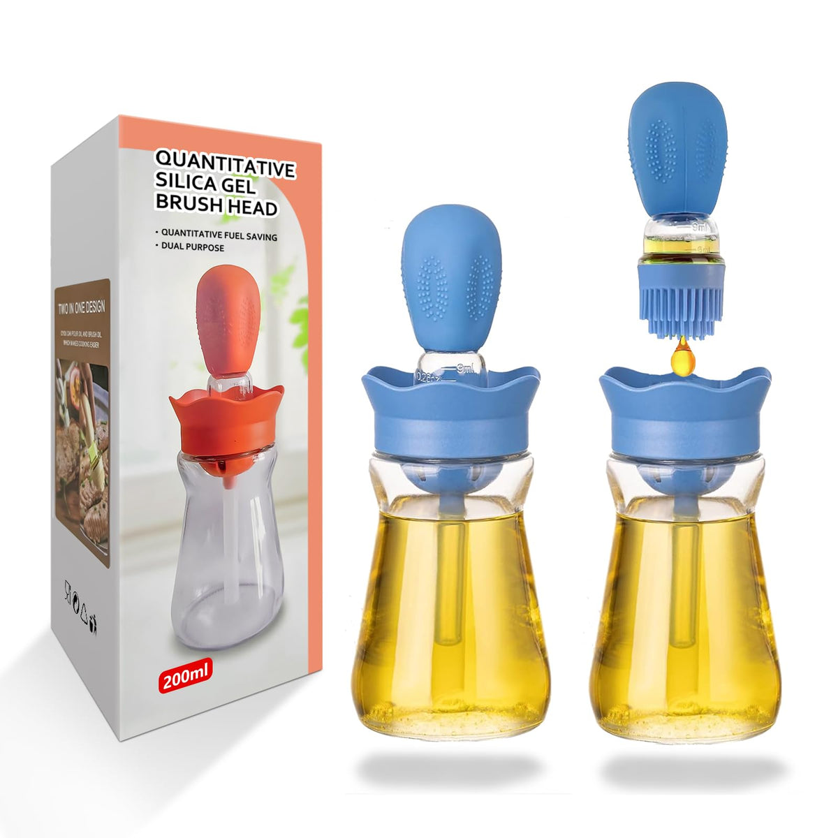Oil Dispenser Bottle with Silicone Brush, 200ML 2 in 1 Silicone Dropper Measuring Oil Dispenser Bottle for Kitchen Cooking, Frying, Baking, BBQ Pancake, Air Fryer, Marinating - Cream White