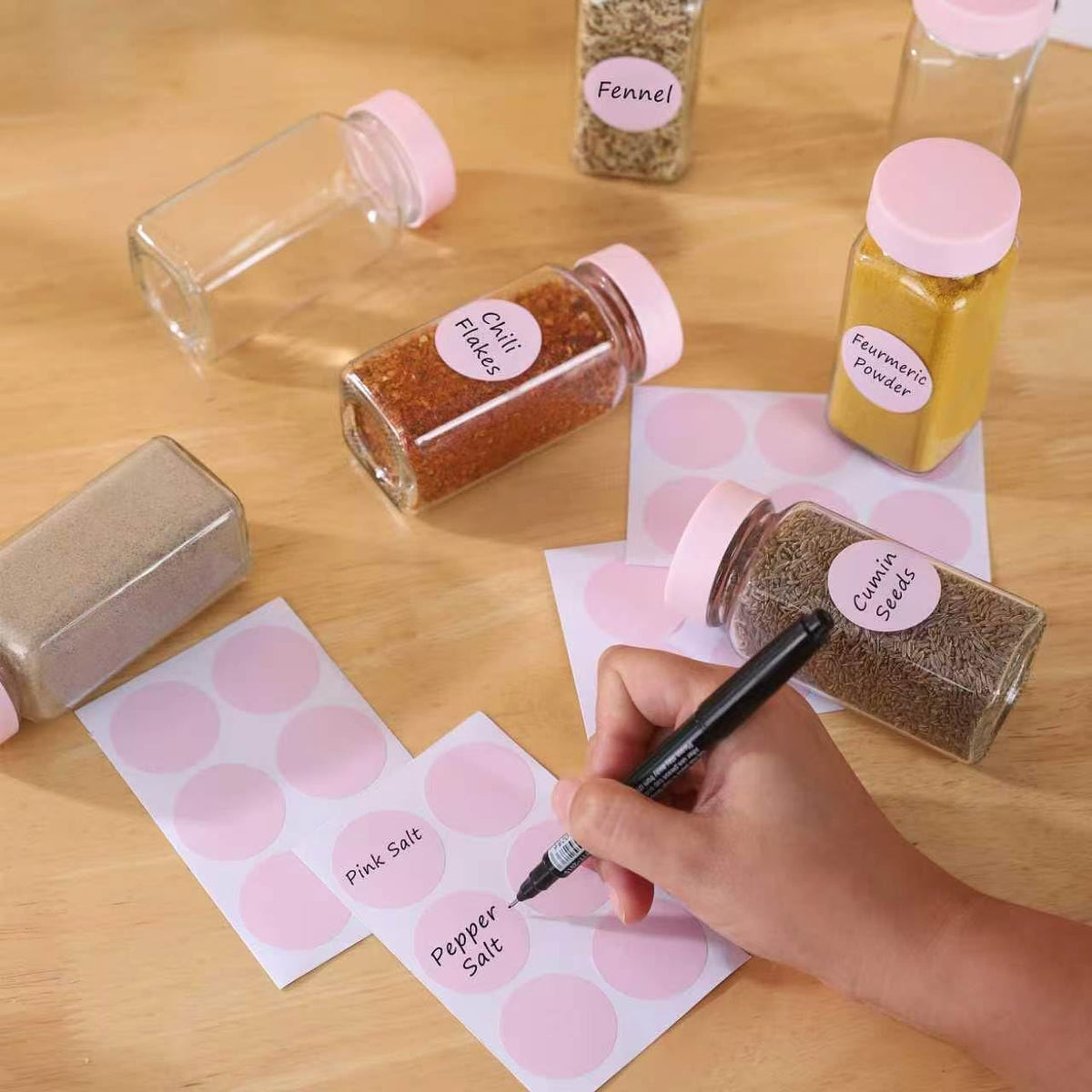 6 Pack Glass Spice Jars with Label, 4oz Pink Airtight Seasoning Containers