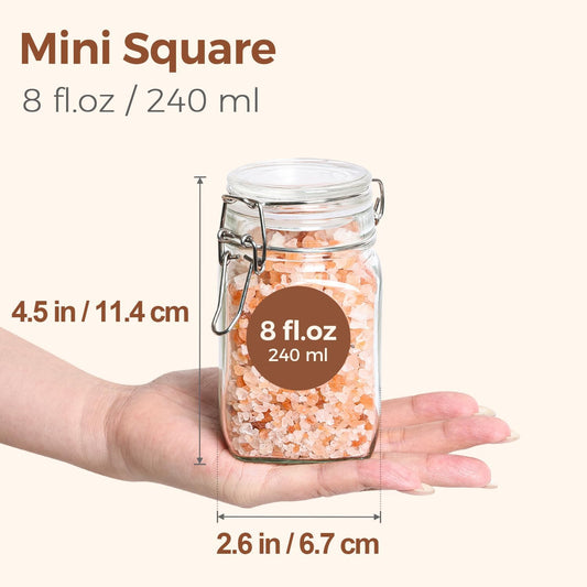 ComSaf Square Small 8 oz Glass Spice Jars with Airtight Lids 6 Pack Pantry