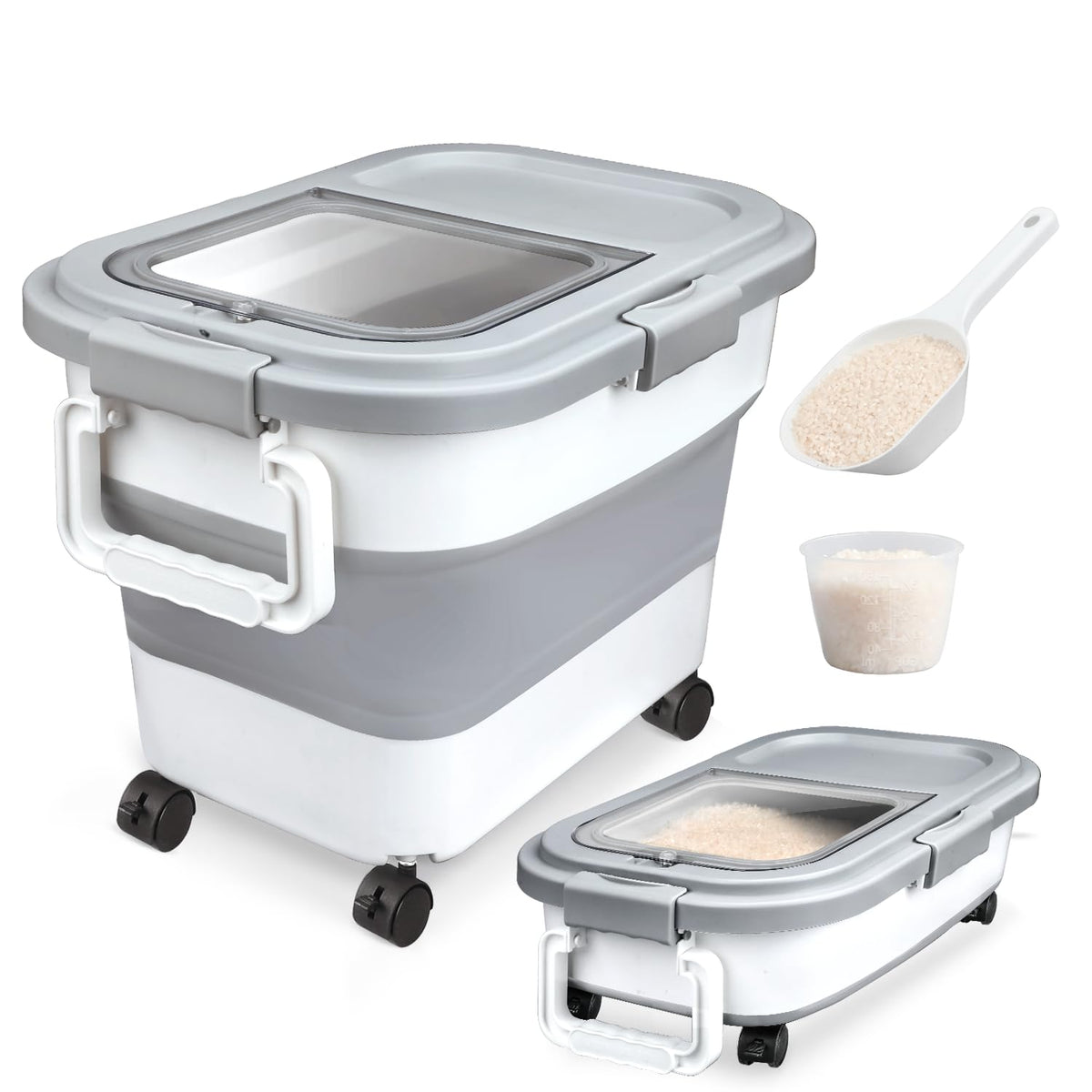 Komzon Rice Storage Container, Collapsible Airtight Food Storage Containers 6-20 Lbs, Rice Dispenser with Measuring Cup and Small Bin for Flour Cereal Pasta Grain, Cat Pet Dog Bird Food Container