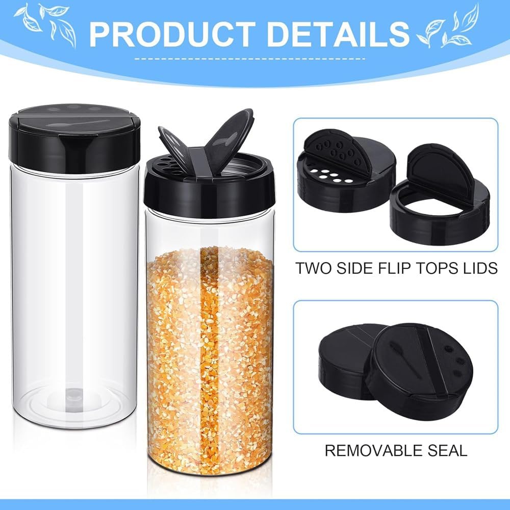 18 Pack Plastic Spice Jars with Black Cap, 9 oz Spice Containers
