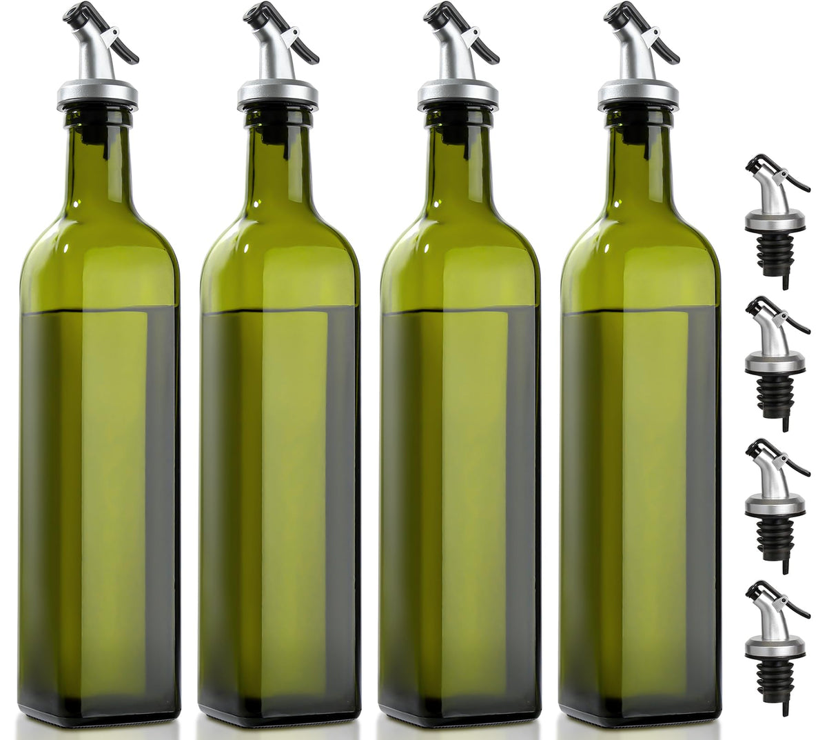 gmisun Olive Oil Dispenser Bottle for Kitchen, 4 Pack 17 Fl Oz Glass Oil Dispensers Bottles, Clear Cooking Vegetable Oil Dispenser Container Cruet Set with Plastic Pourer Spout, Funnel and Labels