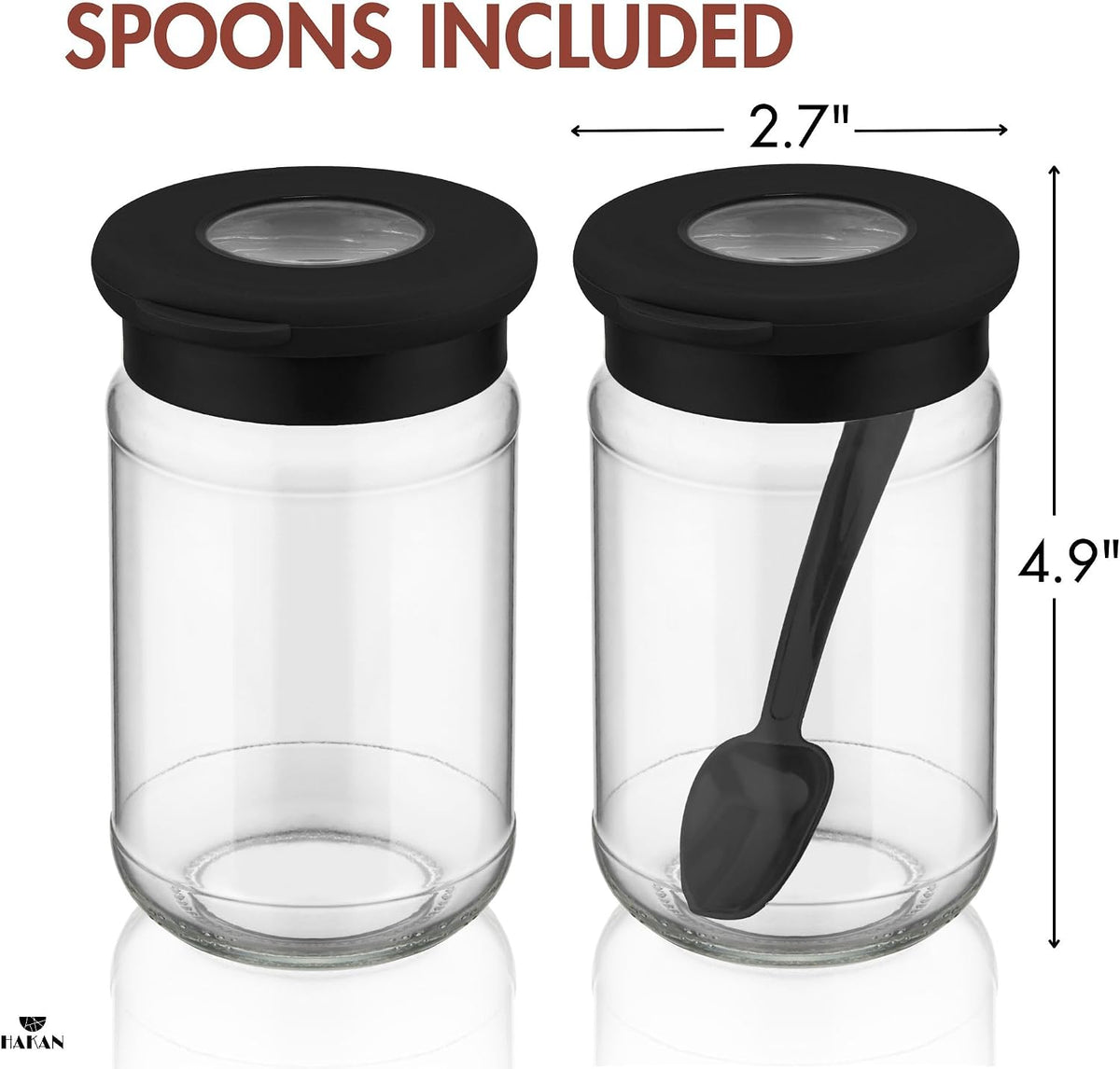 Hakan Spice Jars with Spoons | Clear Glass Spice Jars with Airtight Lids | Round Seasoning Organizers | Canister Set for Countertop | Food Storage Container Set, 6-Pack | 12.8 Oz
