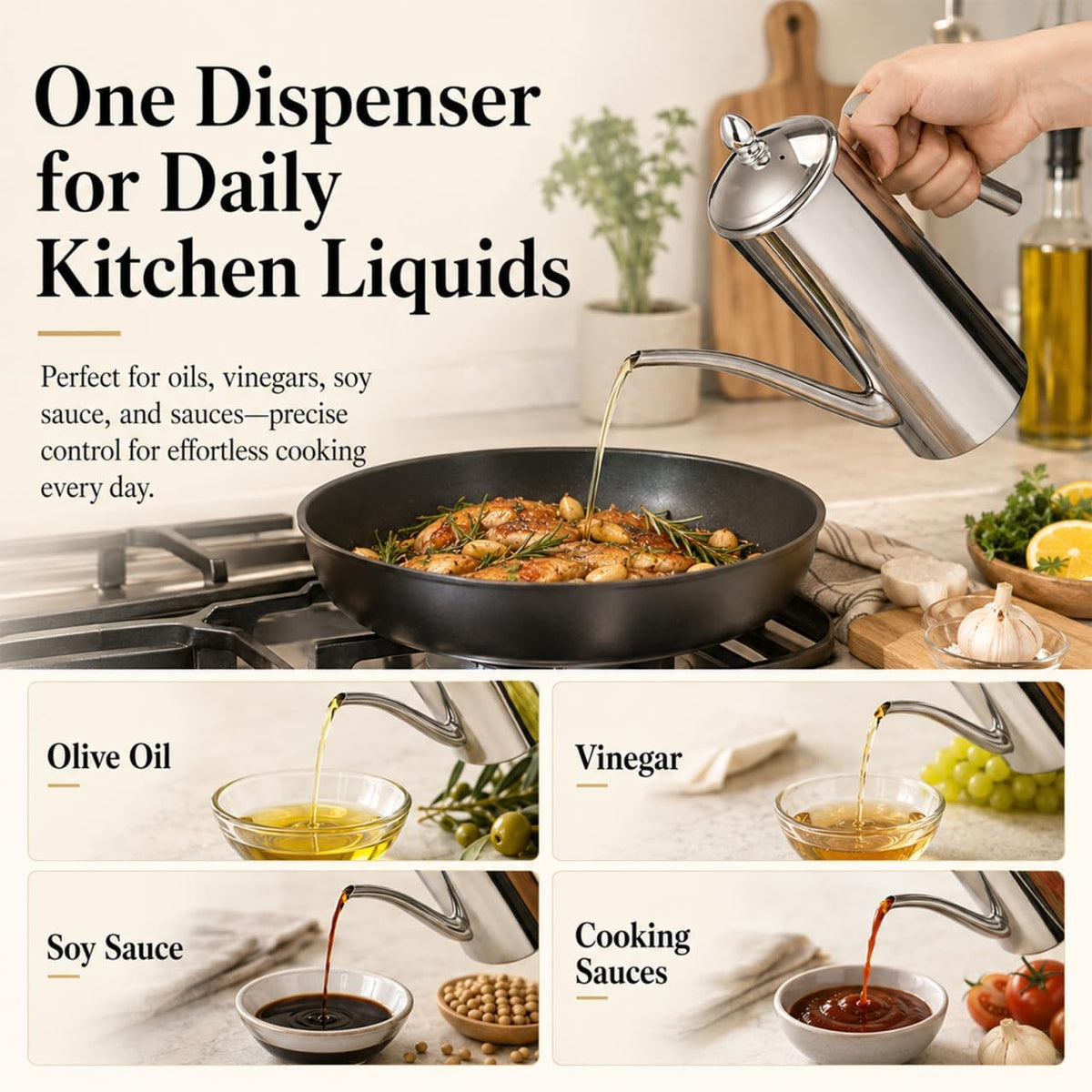 Cabilock 24oz/700ml Olive Oil Dispenser, Leakproof Sus304 Stainless Steel Vinegar Dispenser Bottle, Oil Can Container with Handle for Kitchen Restaurant Cooking Bbq Silver