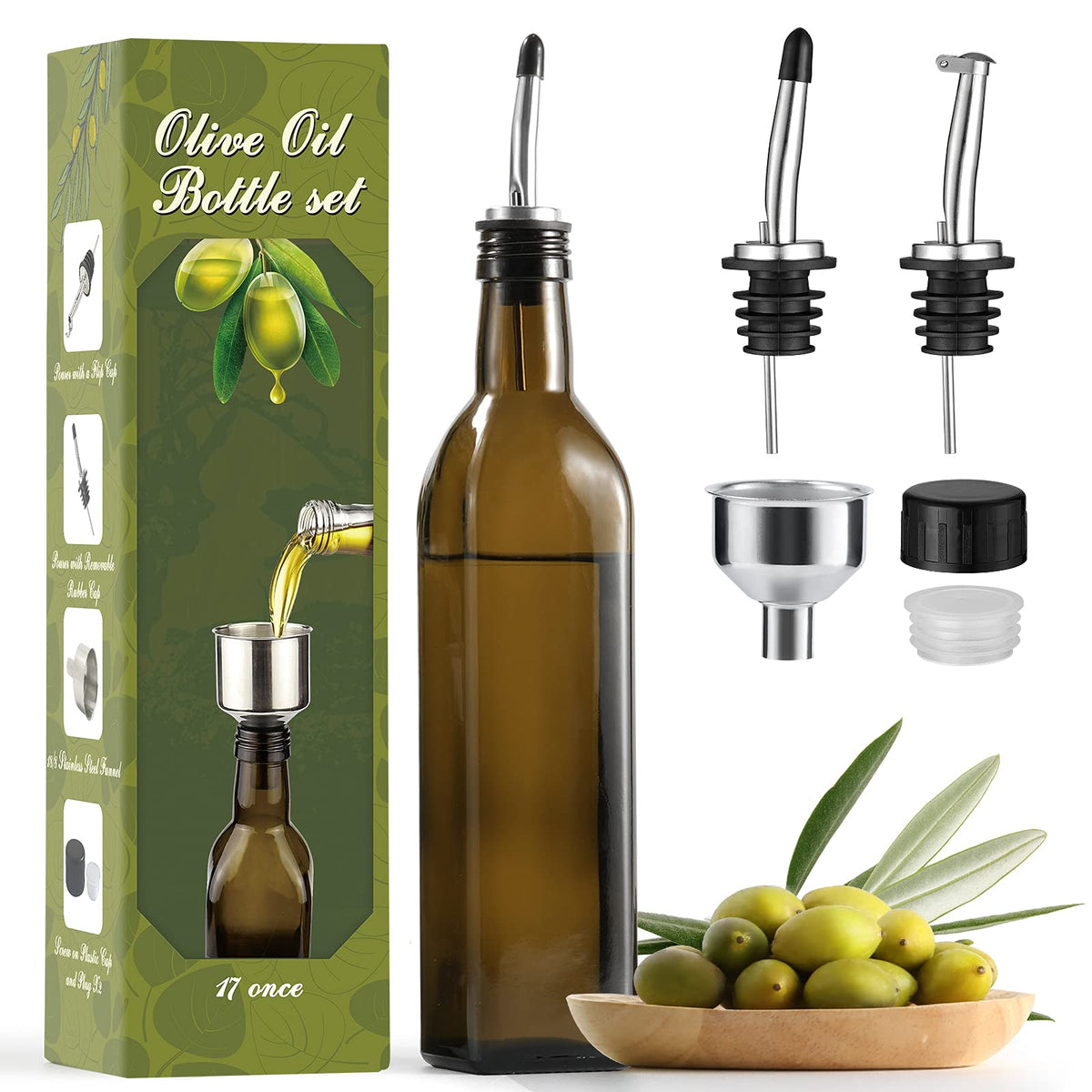 AOZITA 17oz Clear Glass Olive Oil Dispenser Bottle - 500ml Oil & Vinegar Cruet with Pourers and Funnel - Olive Oil Carafe Decanter for Kitchen