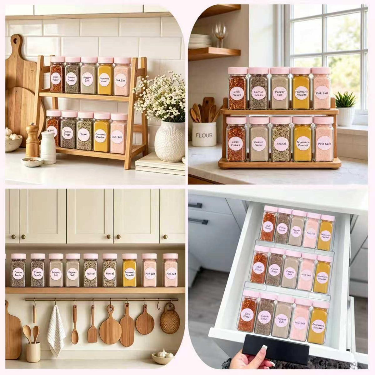 6 Pack Glass Spice Jars with Label, 4oz Pink Airtight Seasoning Containers