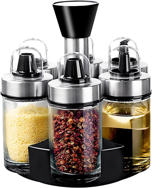 Mlici Oil and Vinegar Dispenser Set of 6 Bottles with 360° Rotating Holder