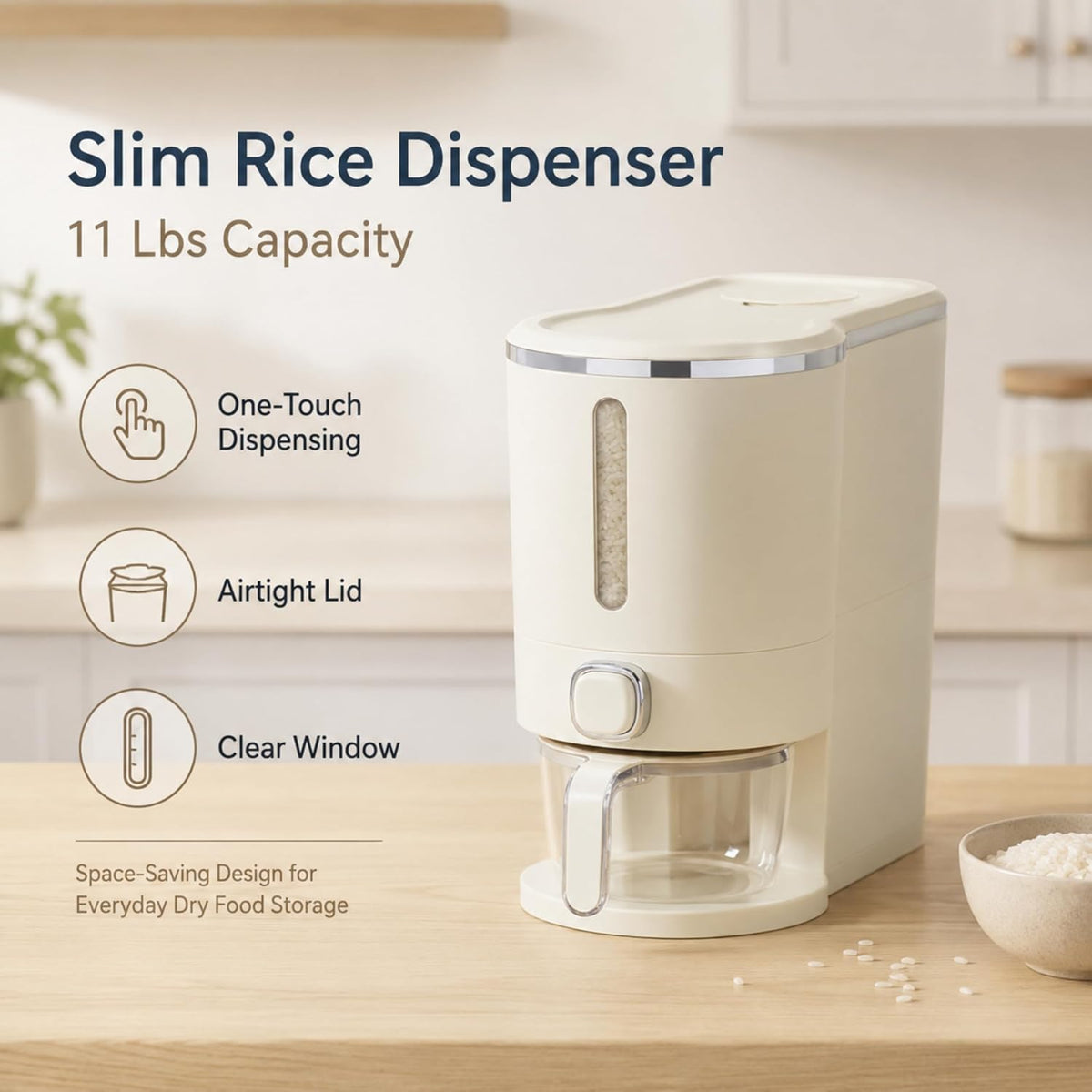 ROOM127 Slim Rice Dispenser with Measuring Cup - 11-15 lb, Cream White
